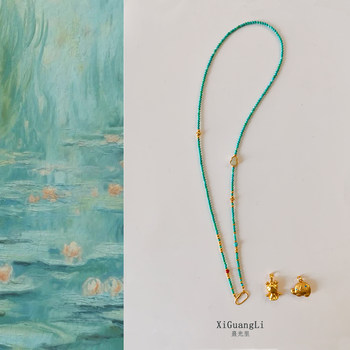 New chinese style turquoise necklace gold pendant versatile hanging chain universal chain detachable millet beads long sweater chain