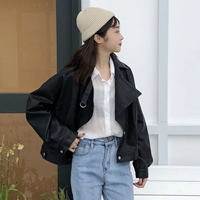 Mùa thu và mùa đông chic jacket nữ lỏng lẻo tay áo dài pu da ngắn phần Hồng Kông phong cách Harajuku ulzzang xe máy áo khoác hàng đầu thoi trang nu