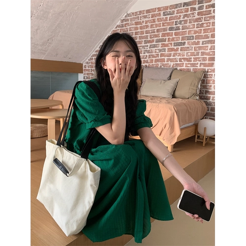 Ретро зеленая летняя длинная юбка, сексуальное платье, рукава фонарики, средней длины