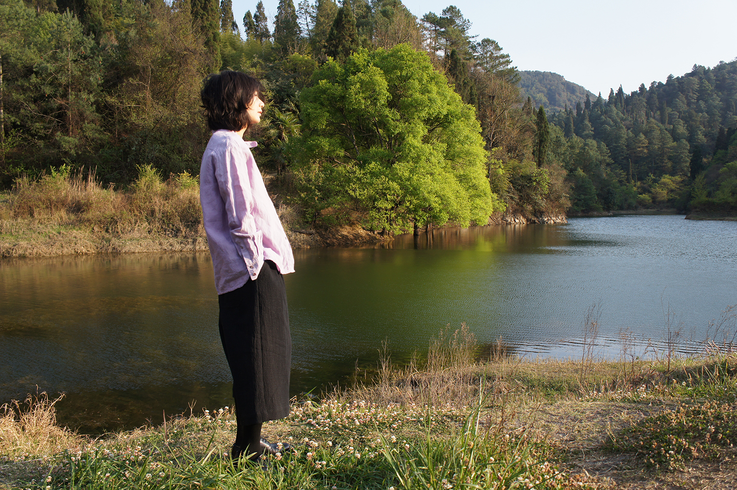 Shawl Collar Sheer Linen Washed Shirt - เสื้อเชิ้ตผู้หญิง - ผ้าฝ้าย/ผ้าลินิน สีม่วง