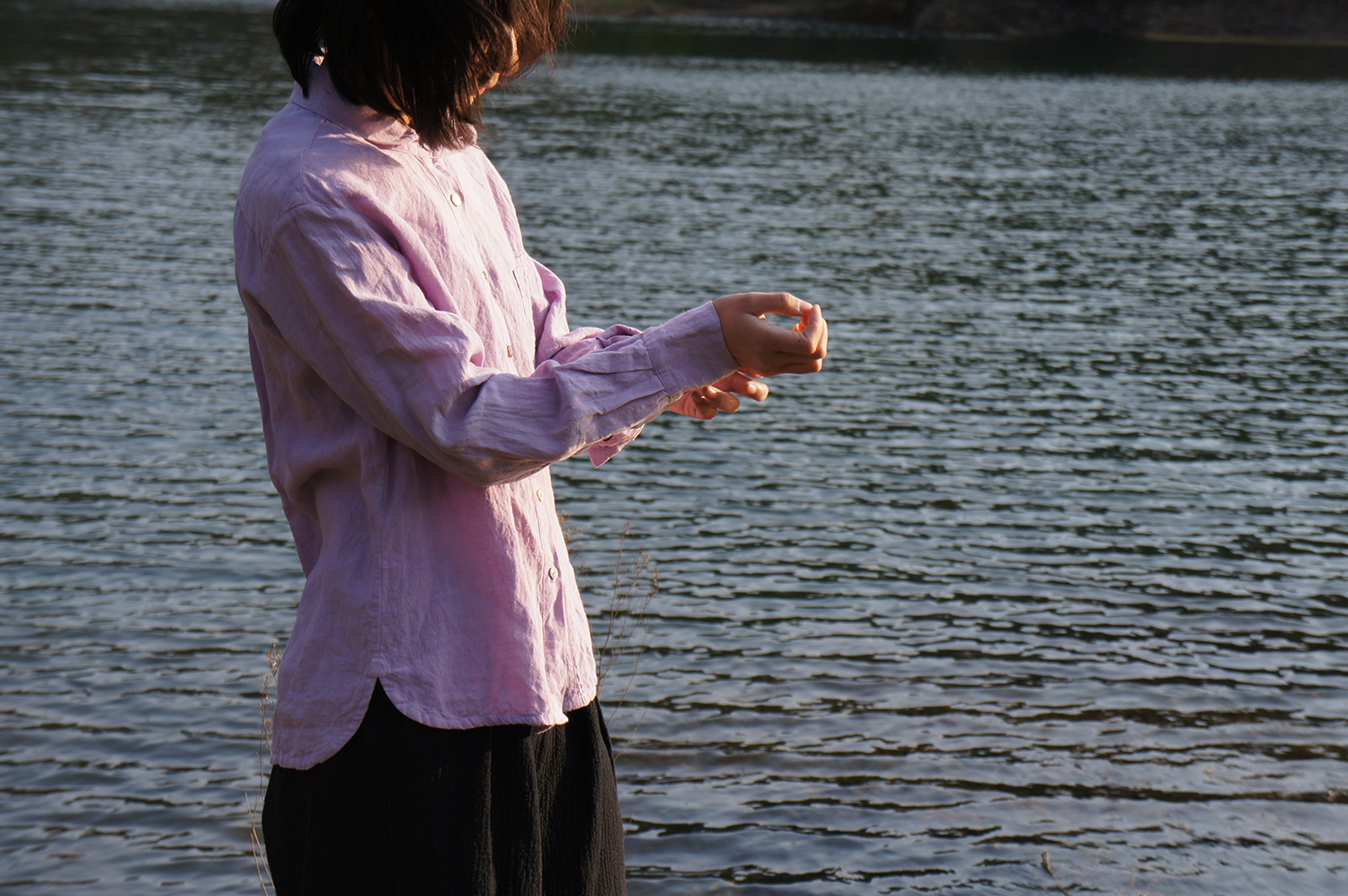 Shawl Collar Sheer Linen Washed Shirt - เสื้อเชิ้ตผู้หญิง - ผ้าฝ้าย/ผ้าลินิน สีม่วง