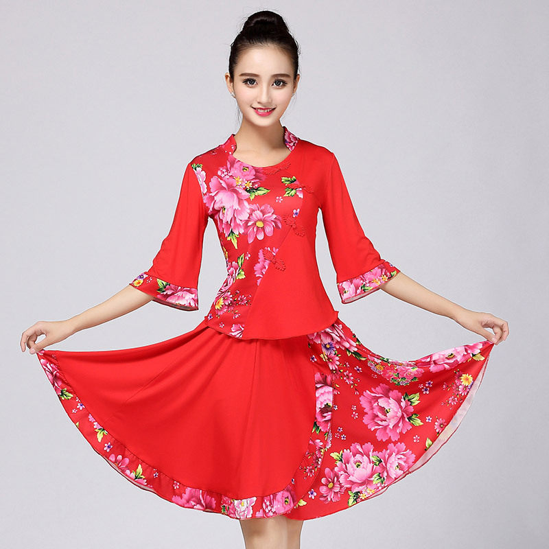2020 new square dance costume suit spring and winter long-sleeved dance suit middle-aged and elderly ethnic style print dance top
