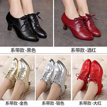 Leather Latin dance shoes female adult high school heel new dance shoes soft bottom Friendship Square dance modern dance women shoes