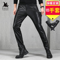 Leather pants mens waterproof overalls motorcycle small feet tight fur all-in-one leather pants mens leather pants plus velvet thickened slim-fit