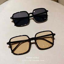 RUNAHOME Autumn Winter Retro Light Tea Color male and female oversized square display with small face and white anti-ultraviolet sunglasses