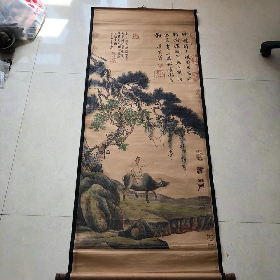 Tang Yin riding Niu Tutu imitation ancient painting famous herringbone painting Living room decoration hanging painting State painting figures Laozi out of guan-Taobao