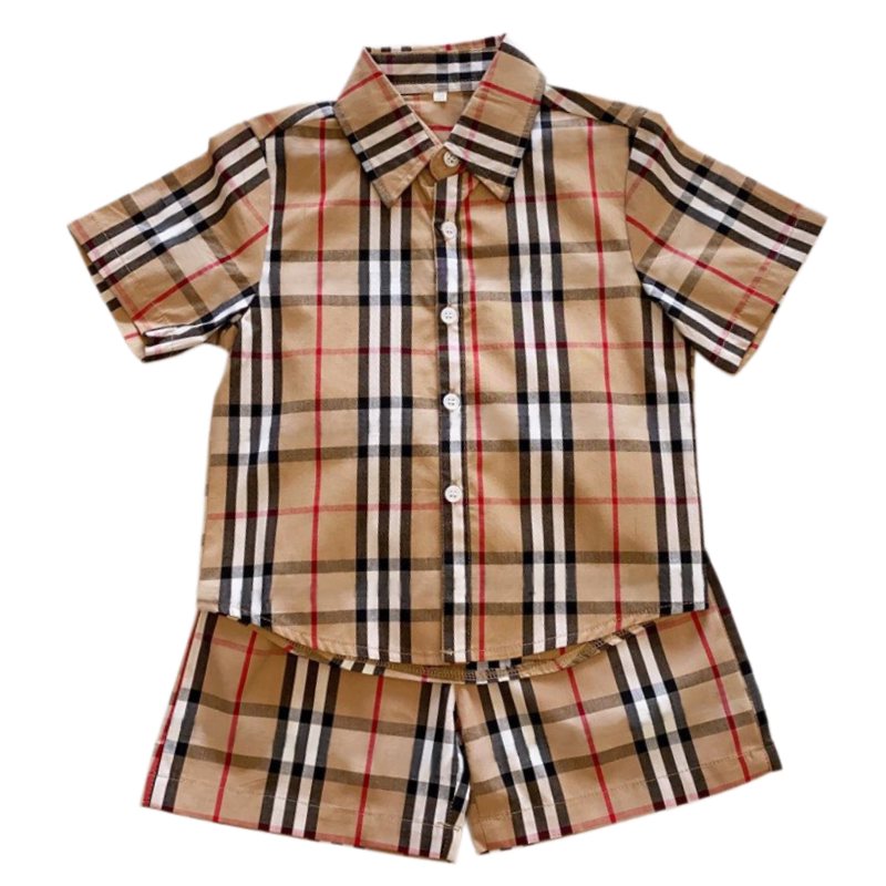 Children's Summer Pure Cotton Plaid Short-Sleeved Shirt and Shorts Set for Boys, Toddlers, and Older Kids, Trendy Summer Tops and Pants