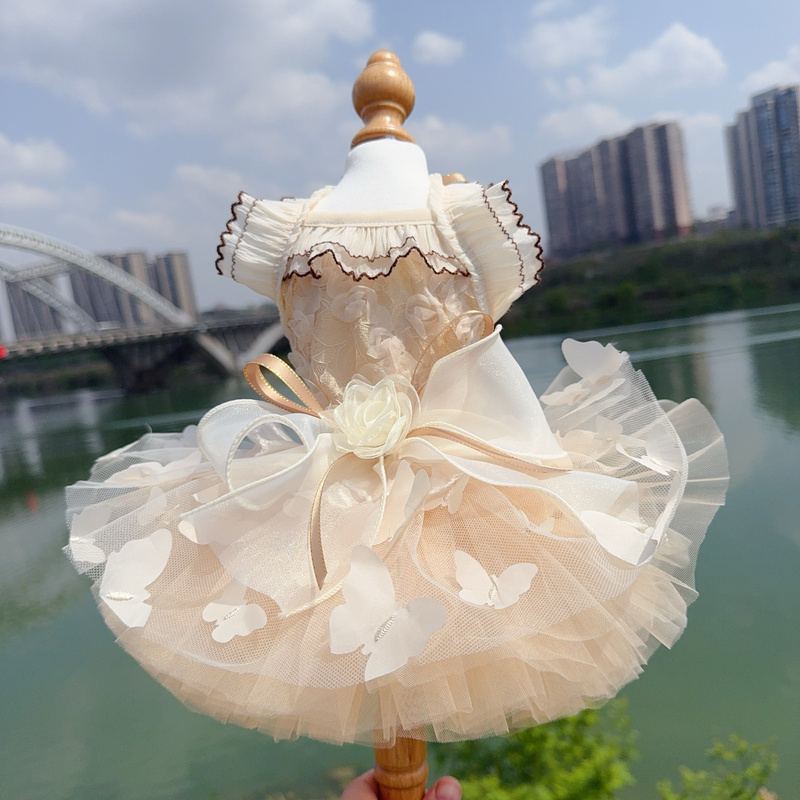 Spring and Summer Champagne-Colored Lace Butterfly Suspender Tutu Skirt Bear Foam Pet Pajamas Teddy Bichon Home Clothes