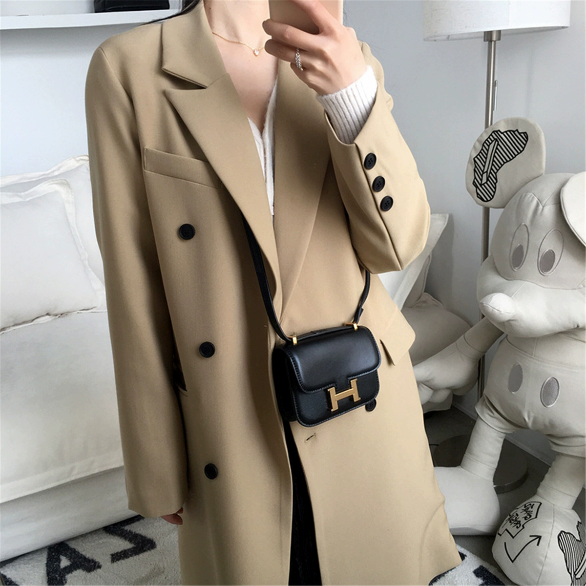 long down coat New Spring Autumn Ladies Woolen Coat Fashionable Temperament Houndstooth Coat Outdoor Leisure Mid-length Windbreaker white bubble coat