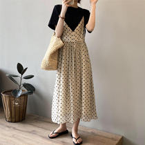 Tencel flocking polka skirt female 2021 summer new Korean loose temperament slim long skirt dress