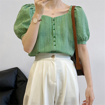 Korean version of square collar bubble sleeve short sleeve plaid shirt women 2021 summer new pleated thin top temperament shirt