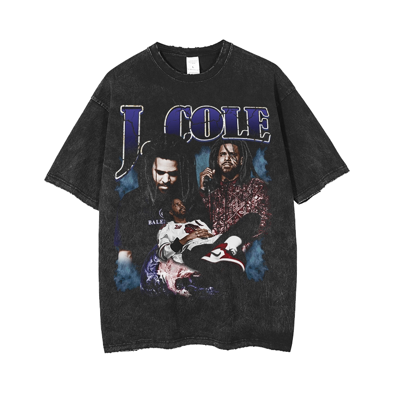 J.Cole Vintage Rap Tee Washed Gray Distressed Vintage Hip-Hop Loose Round Neck Short-Sleeve T-Shirt