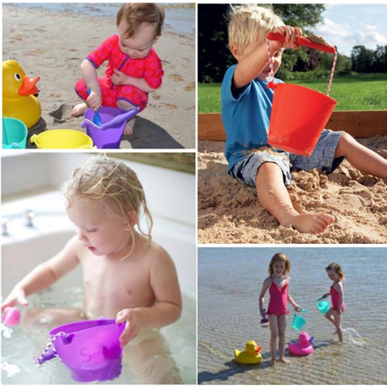 Foldable children's sand play water bucket Outdoor portable beach toy baby shower silicone bucket