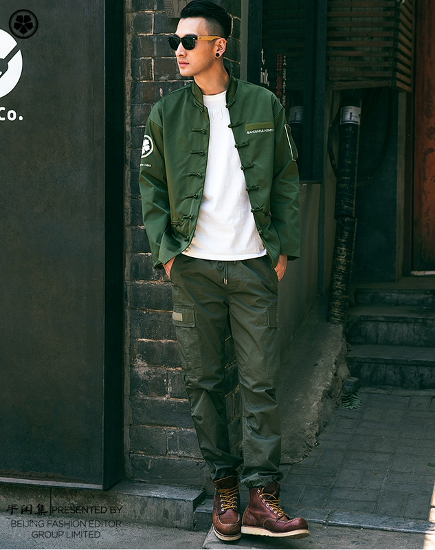 Bộ đồ bán nguyệt rồng thêu quần yếm Thời trang hip hop cotton nhẹ mid-thun siêu nhỏ túi quần kiểu Trung Quốc quần sooc túi hộp