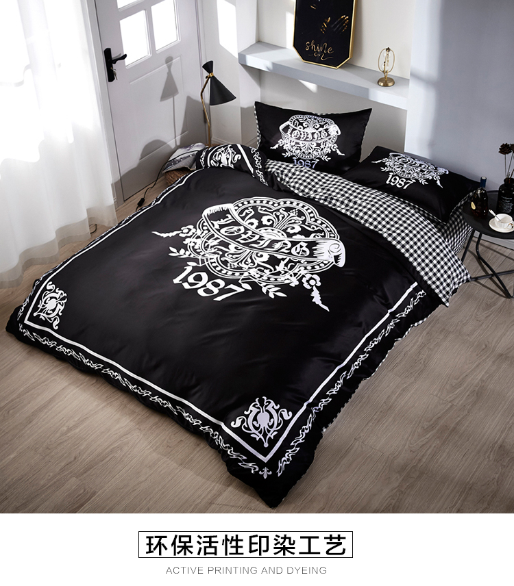 Khăn trải giường bao gồm bốn bộ giường bông cotton 笠 nam phong cách lưới đen trắng kiểu Mỹ ký túc xá ba bộ - Bộ đồ giường bốn mảnh chăn ga gối forever