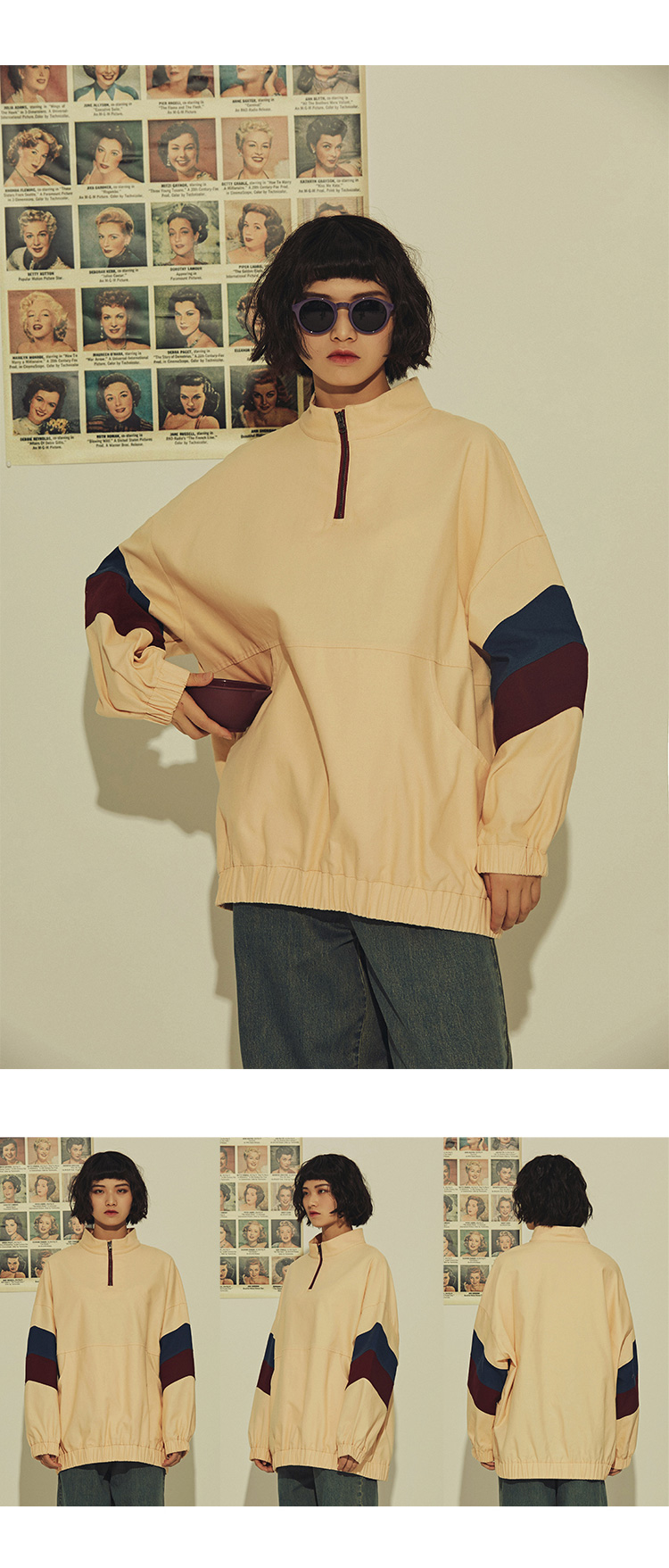 Octopusme tiệm hớt tóc 2018 mùa thu mới khâu gốc màu sắc tương phản áo len lớn pocket ngắn coat nữ thời trang công sở nữ