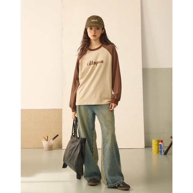 octopusme autumn and winter American loose raglan sleeves contrasting color T-shirt round neck couple casual sweatshirt ແຂນຍາວ