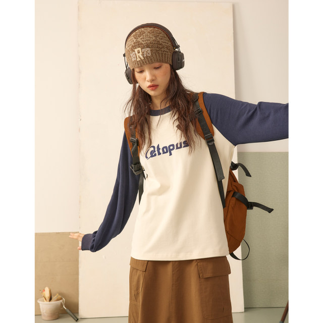 octopusme autumn and winter American loose raglan sleeves contrasting color T-shirt round neck couple casual sweatshirt ແຂນຍາວ