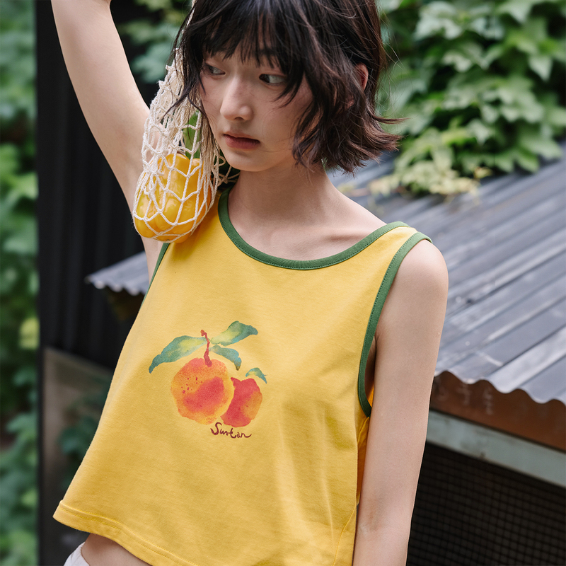 Octopusme Octopus Home's'Grapefruit Bubble' Hand-Painted Fruit Print Tank Top Summer Sleeveless Women's Top Octopusme Octopus Home's'Grapefruit Bubble' Hand-Painted Fruit Print Tank Top Summer Sleeveless Women's Top