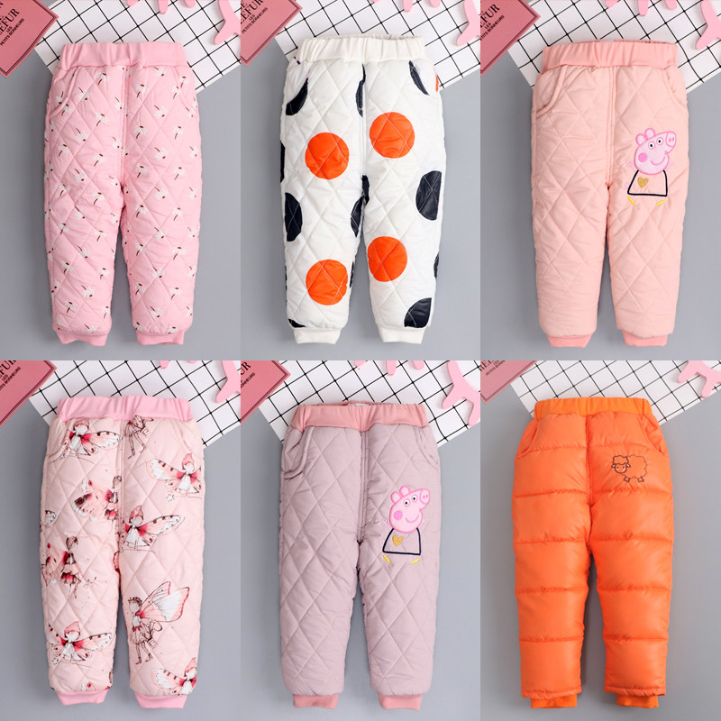 Girl's cotton plus-plus-skinned children thickening pants autumn and winter boygirl's feather baby down warm high waist baby cotton pants