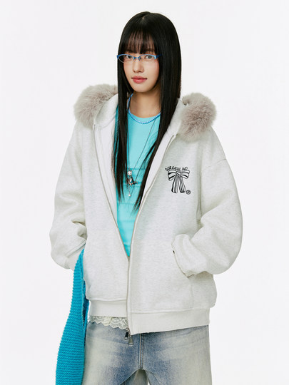 Женская толстовка-кардиган с меховым воротником и капюшоном, осенне-зимняя, с вышивкой, в стиле ретро, на молнии, повседневная, свободного кроя, с мехом