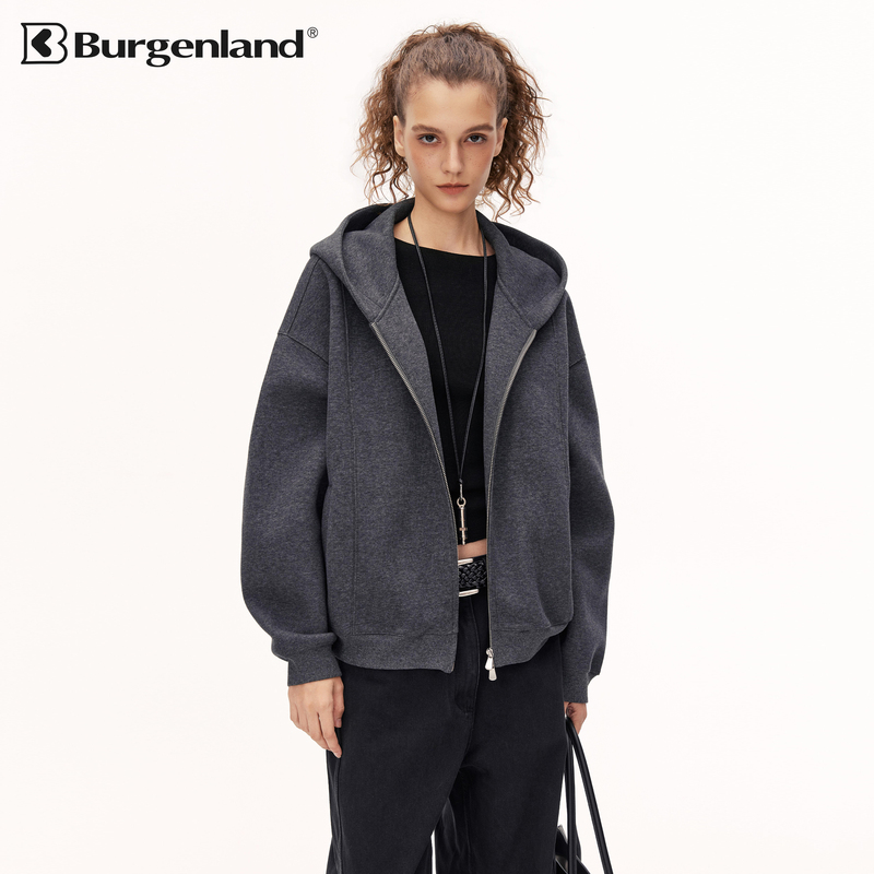 Burgenland Zip-Up Cardigan Hooded Sweatshirt for Women, Spring and Autumn, Loose Casual Black Heavyweight Hoodie Jacket