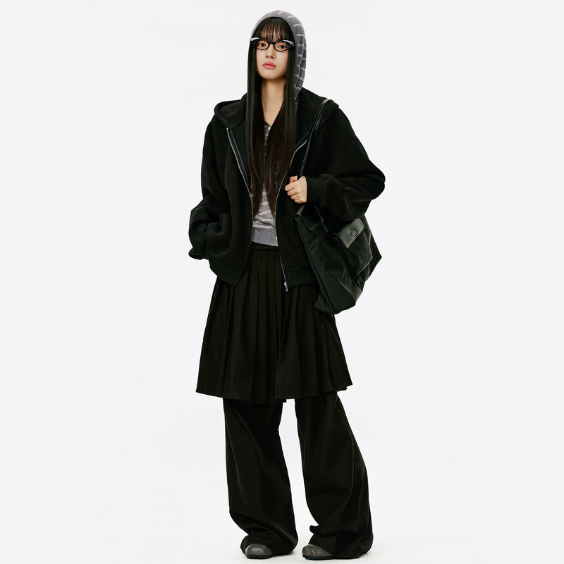 Burgundy Zipper Hooded Sweatshirt Jacket for Women, Early Spring 2026, Black, Loose, Versatile, Casual, Thin Cardigan