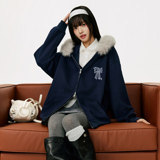 Burgenland Fur Collar Hooded Sweatshirt Jacket for Women Autumn and Winter Embroidered Retro Zipper Casual Loose Fur Cardigan