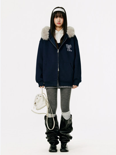 Женская толстовка-кардиган с меховым воротником и капюшоном, осенне-зимняя, с вышивкой, в стиле ретро, на молнии, повседневная, свободного кроя, с мехом