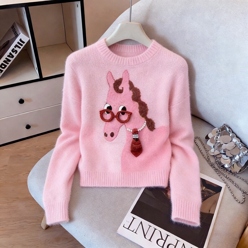 French-Style Winter Soft and Cozy Lazy Style Unique and Distinctive Christmas Zodiac Year Pink Pony Sweater for Women