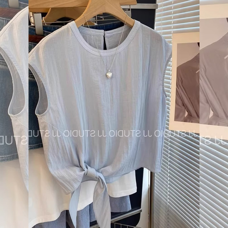 Blue Asymmetrical Lace-Up Round Neck Sleeveless Shirt for Women, Summer 2025 New Korean Style Simple and Elegant Blouse Top