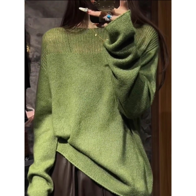 Autumn New 2026 Lazy Style Unique Green Pullover Hollow Knit Sweater Super Pretty Soft and Fluffy Petite Sweater