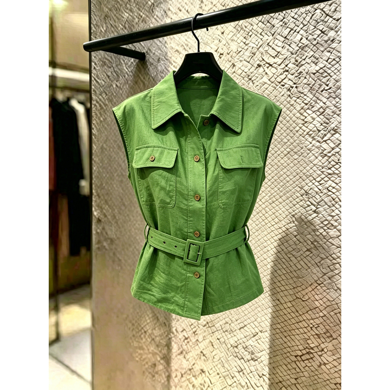 Vintage Green Lapel Waist-Cinching Sleeveless Shirt for Women, Summer 2026 New Style, Unique and Beautiful, Elegant Vest Top, Trendy