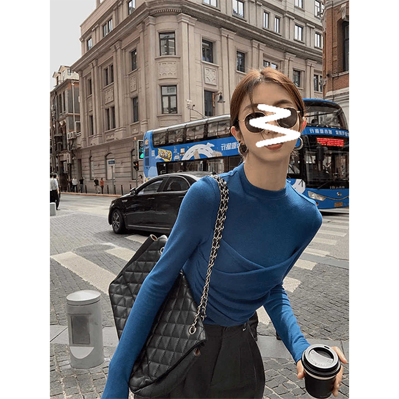Klein Blue Stand-Up Collar Long-Sleeved Pullover Knitwear for Women, Autum Short Style, High-End, Loose and Lazy Bottoming Top
