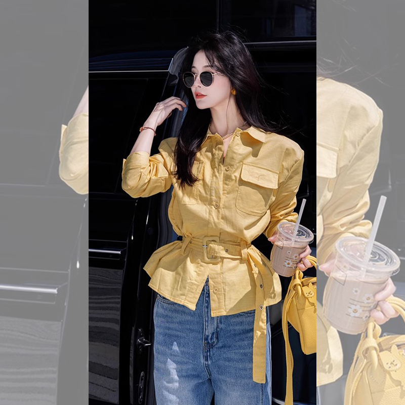 Yellow Lapel Waist-Tie Long-Sleeve Shirt for Women, Summer 2025, Super Popular Korean Style, Unique and Very Beautiful Blouse Top