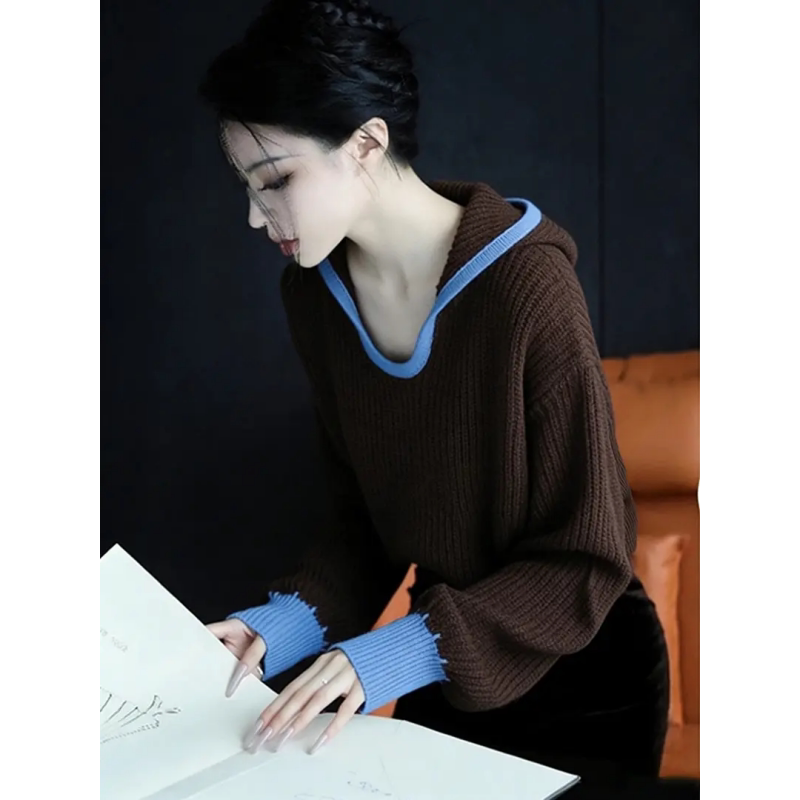 French-Style Soft and Fluffy Sweater with a Lazy, High-End Feel, Unique and Beautiful, Melange Coffee-Colored Collared Sweater for Women in Winter