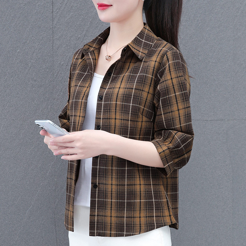 Plaid Shirt Women's Three-Quarter Sleeve Summer New Loose Slim Casual Shirt Mother's Wear Age-Reducing Style Top