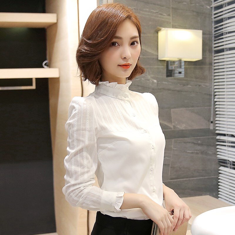 Casual White Shirt for Women with Long Sleeves, Stylish Stand-Up Collar, New Spring and Autumn Style, Versatile, Professional and Elegant Base Shirt