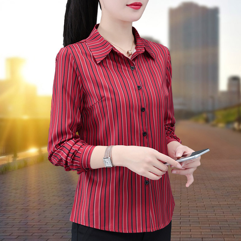 Red Striped Shirt for Women, Long-Sleeved Spring New Style, Korean Style, Elegant Chiffon Shirt for Mothers, Slimming Shirt, Base Layer Top Red Striped Shirt for Women, Long-Sleeved Spring New Style, Korean Style, Elegant Chiffon Shirt for Mothers, Slimming Shirt, Base Layer Top