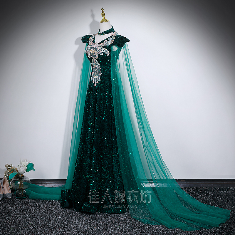 Sequin Evening Dress for Women, Long-Sleeved, Stand-Up Collar, Green Performance Stage Dress, Slimming, Host, Conductor, Catwalk Performance Costume