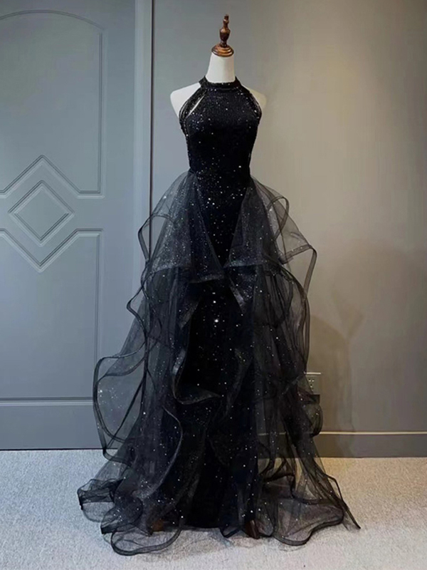 Evening Dress Black High-End Light Luxury Sequin Socialite Style Vocal Performance Talent Show Annual Meeting Host Banquet Dress