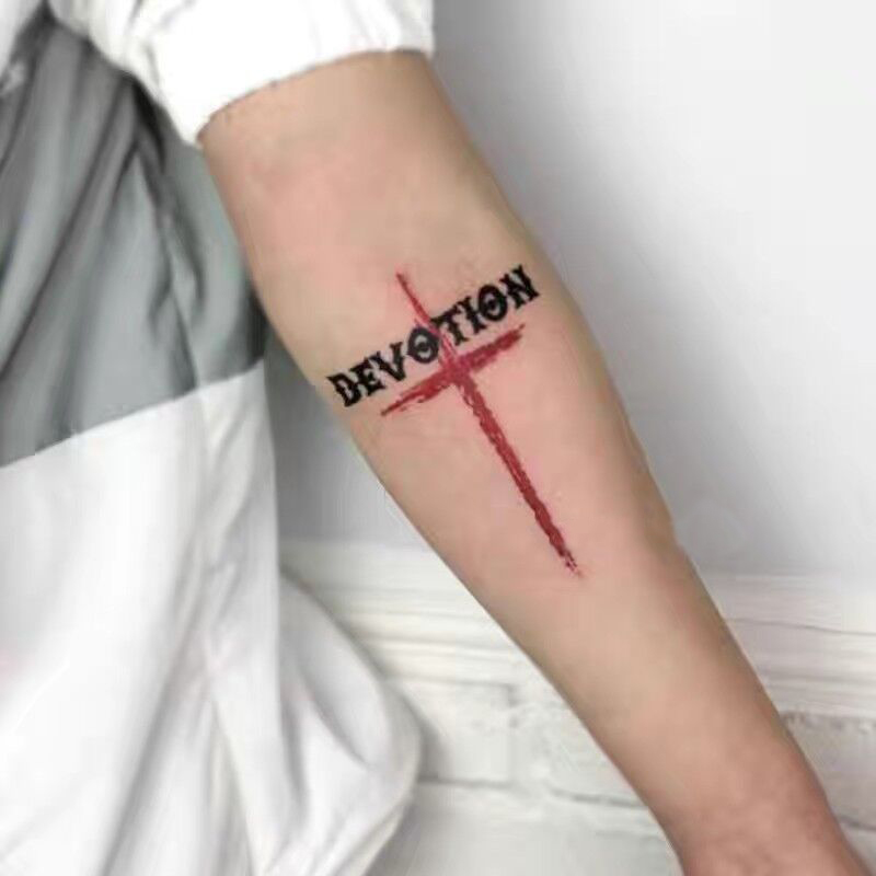 Dark personality red cross tattoo stickers waterproof female long-lasting isn wind English alphabet tattoos realistic