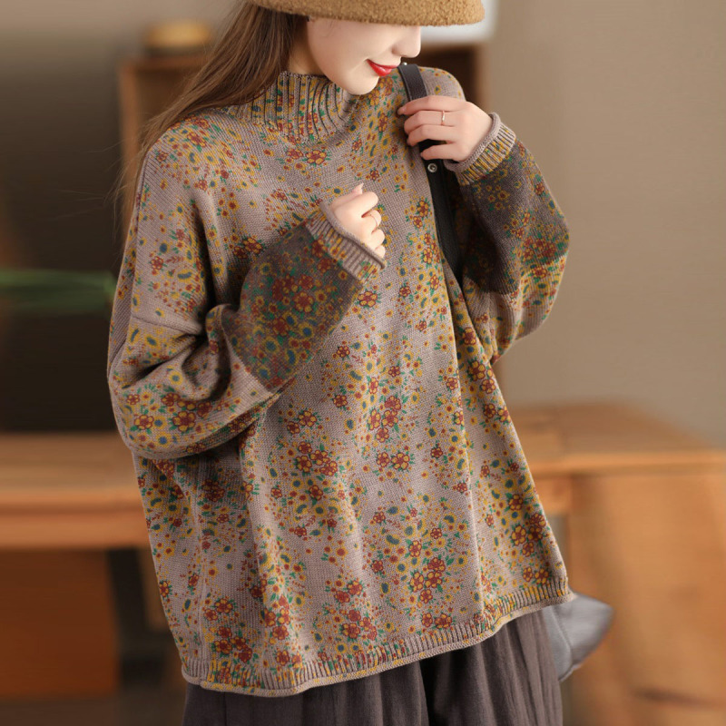 2026 Autumn and Winter New Printed Knitwear Rolled Edge Long Sleeve Top Women's Loose Cotton Pullover Half Turtleneck Sweater 2026 Autumn and Winter New Printed Knitwear Rolled Edge Long Sleeve Top Women's Loose Cotton Pullover Half Turtleneck Sweater