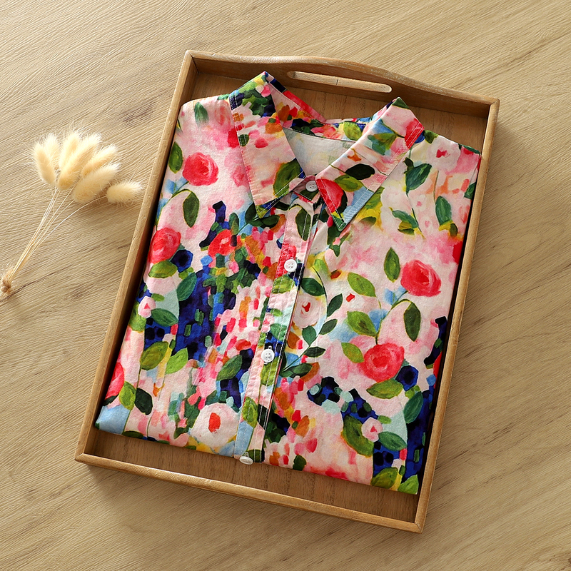 Hong Kong Style Floral Shirt for Women, Long-Sleeved, French Retro, Artistic, Fashionable, High-End, Oil Painting Rose, Spring and Autumn Top, Trendy