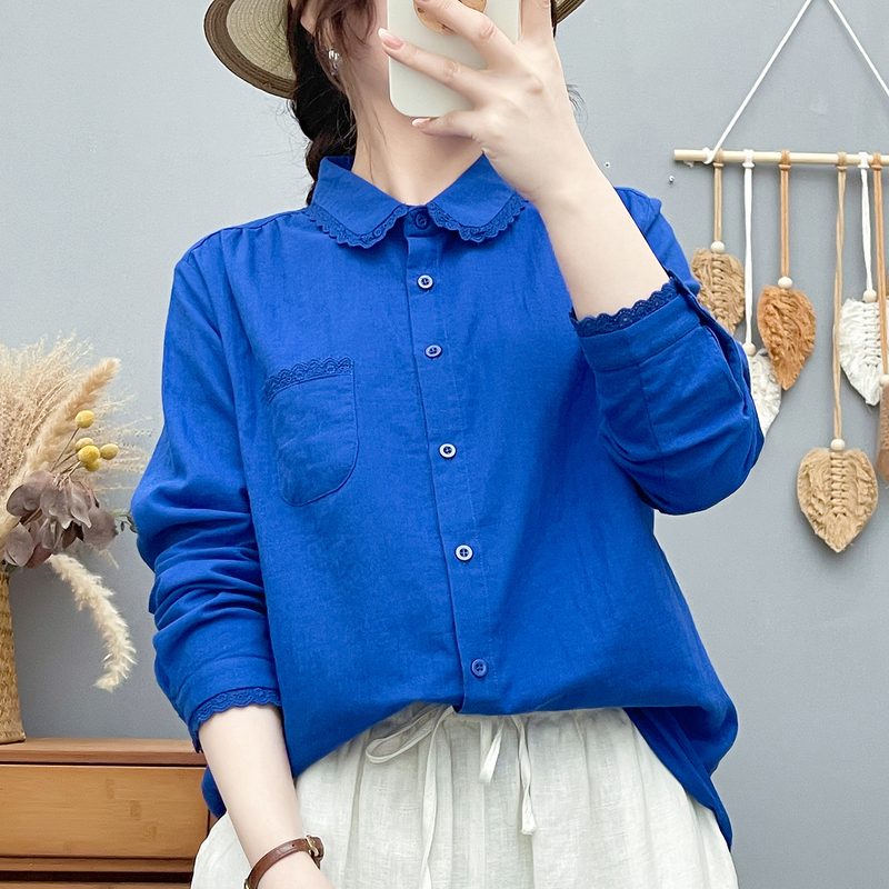 French-Style Artistic Lace-Trimmed Doll Collar Cotton Gauze Shirt for Women, Long-Sleeved, Soft, Skin-Friendly, Breathable, Loose-Fitting, Slimming Top