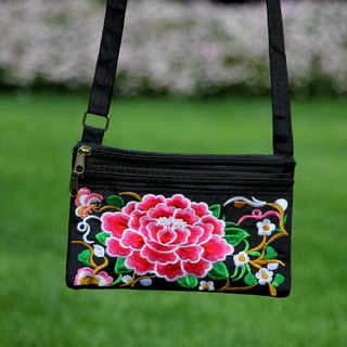 New women's bag embroidered double-layer bag ethnic style embroidered lady's shoulder crossbody middle-aged and elderly small bag mobile phone bag canvas