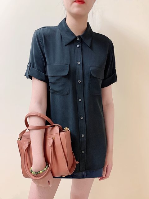 LSEQUIPMENT Song Hye Kyo silk crepe de chine loose short-sleeved multi-color pocket mulberry silk shirt top for women