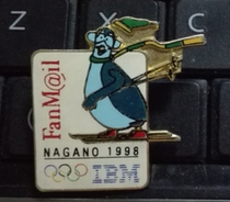 1998 Nagano Winter Olympics Badge Sponsor IBM Badge Mascot Ski Badge