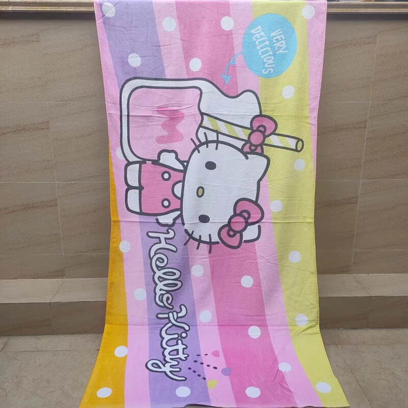 Foreign Trade Pure Cotton Hello Kitty Cartoon Adult Oversized Bath Towel, All-Cotton Beach Towel for Girls, Cut Velvet Kt