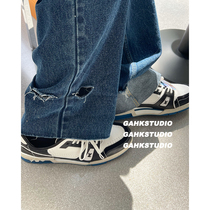 Gahkstudio Korean designer design and feel the hole jeans loose and thin wide legs hoppy ~